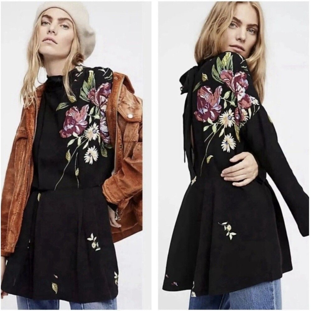 Free People Gemma Black Floral Mini Dress Size Medium